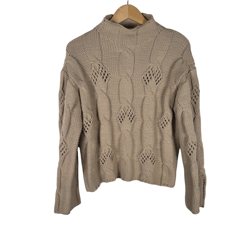 Zara Cable Knit Mock Neck Sweater Womens S Tan Beige Chunky Open Weave Pullover